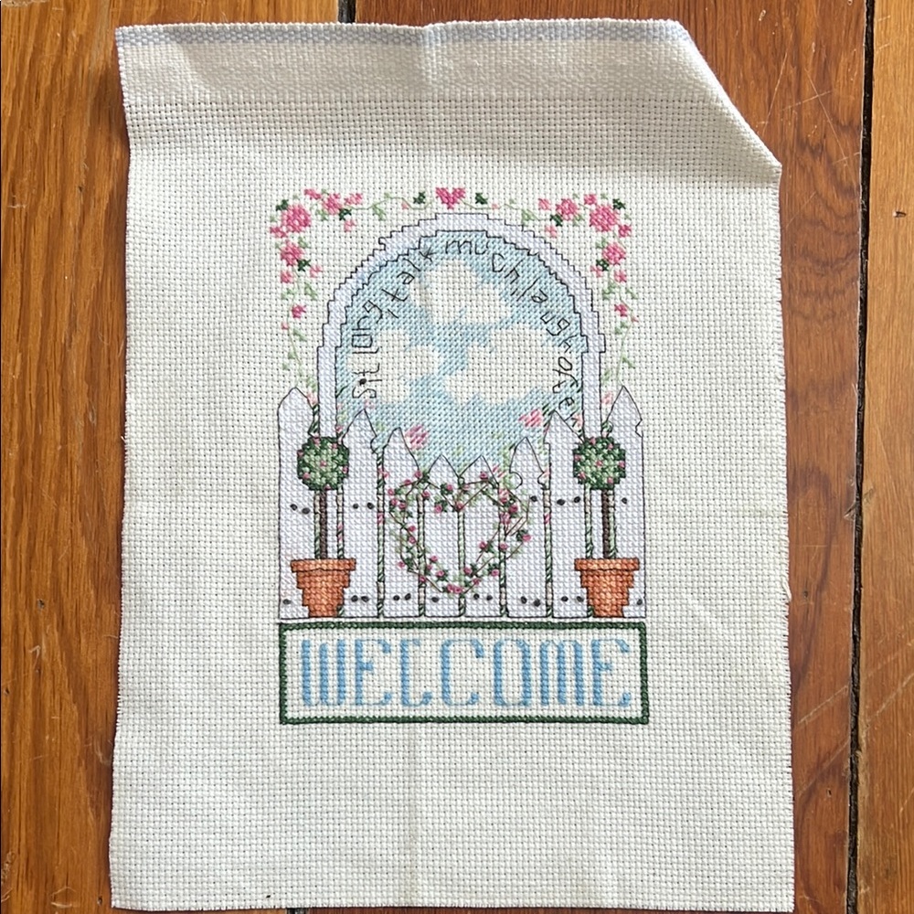 Hand-Embroidered 'Welcome' Cross Stitch Wall Art - Floral Gate